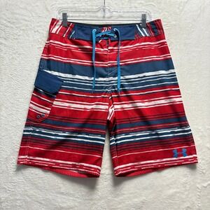 Under Armour Swim Trunks 32 Red‎ White Blue Striped HeatGear Loose Fit Men's